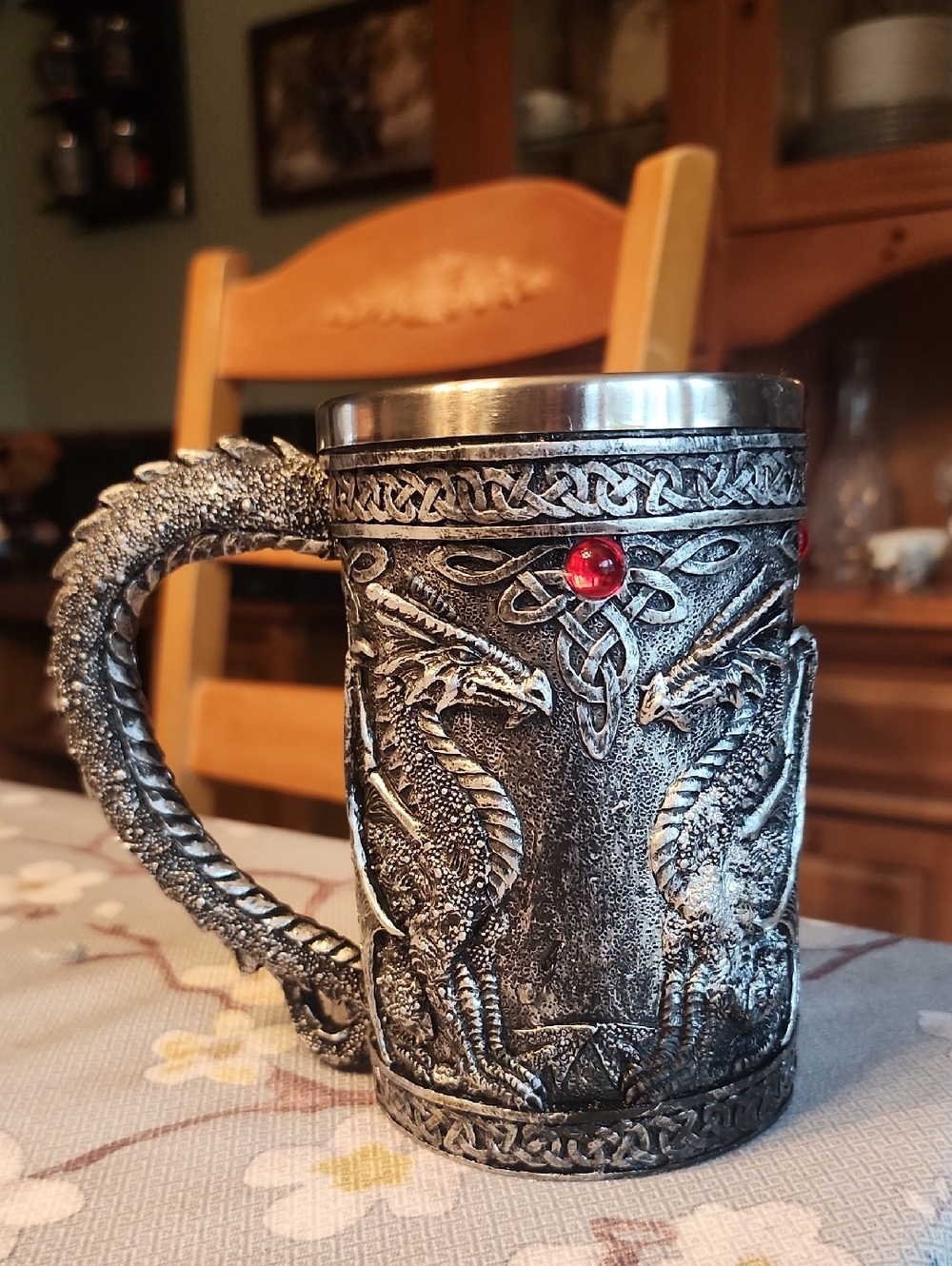 Silver Dragon Relief Tankard Mug with Red Gem Accent